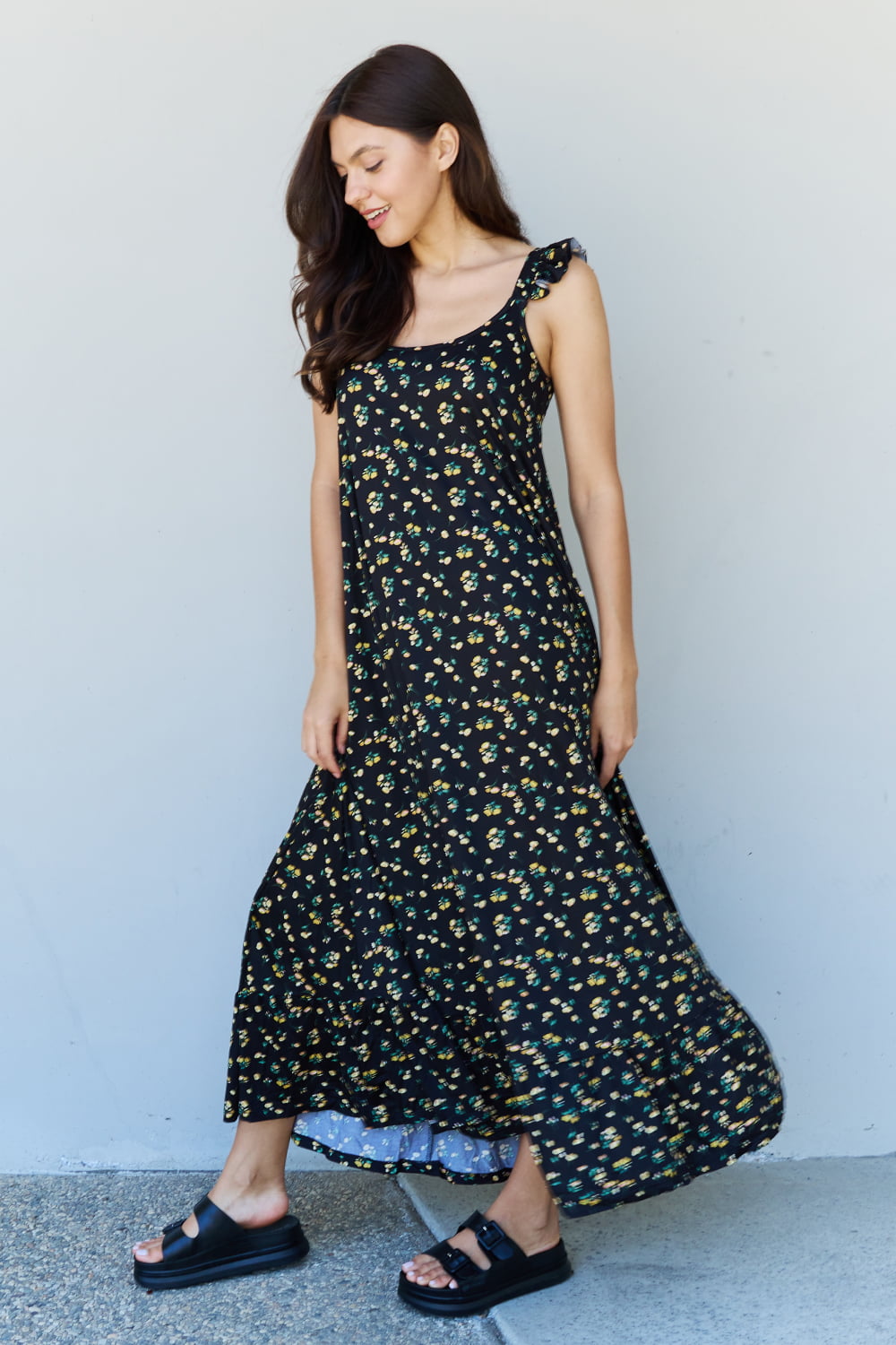 Women's Ruffle Floral Maxi Dress in Black Yellow Floral | Maxi Dresses | Ro + Ivy