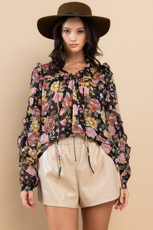 Women's Ruffle Trim Long Sleeve Floral Blouse | Blouses | Ro + Ivy