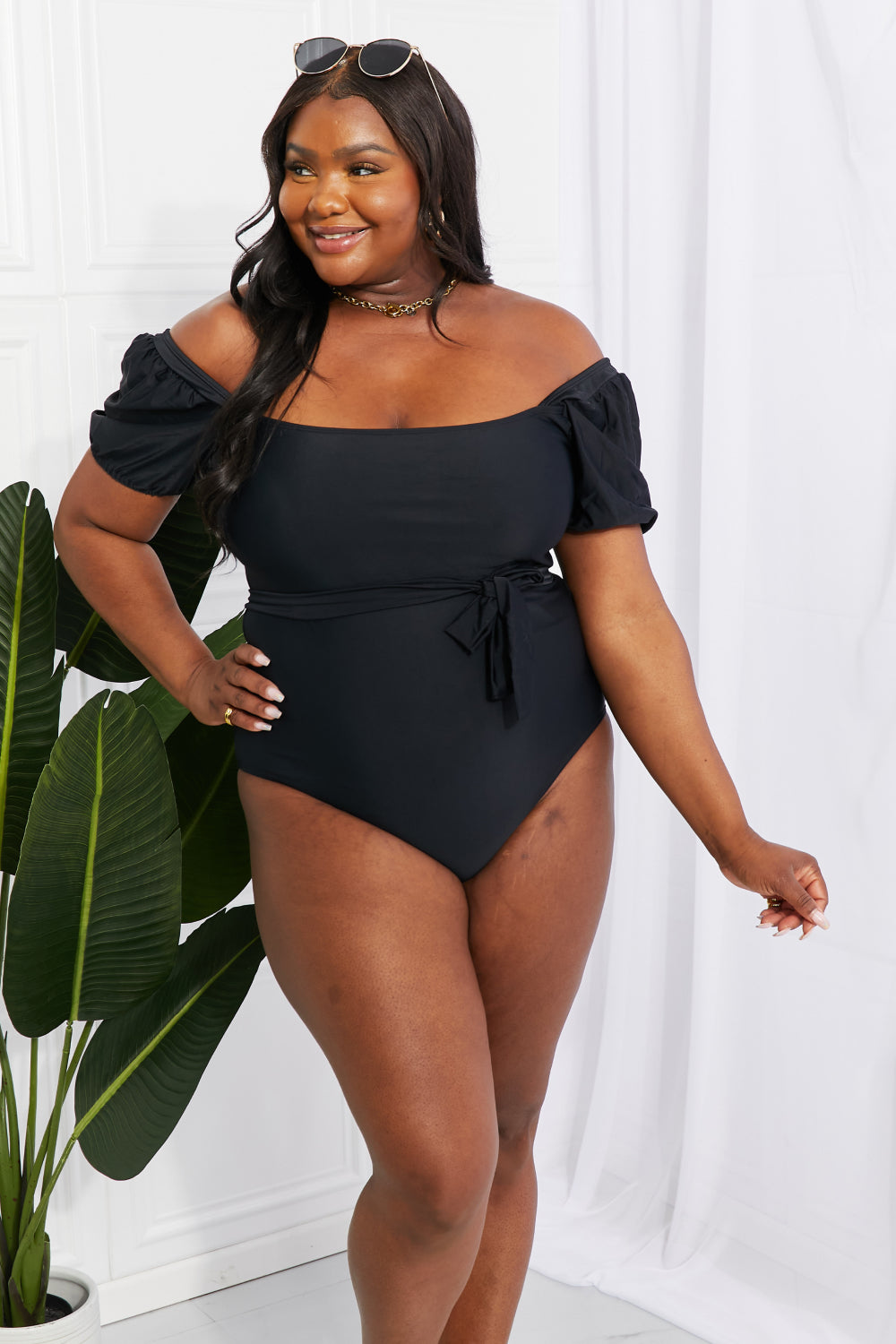 Women's Salty Air Puff Sleeve One-Piece Swimsuit in Black | Swimsuit | Ro + Ivy