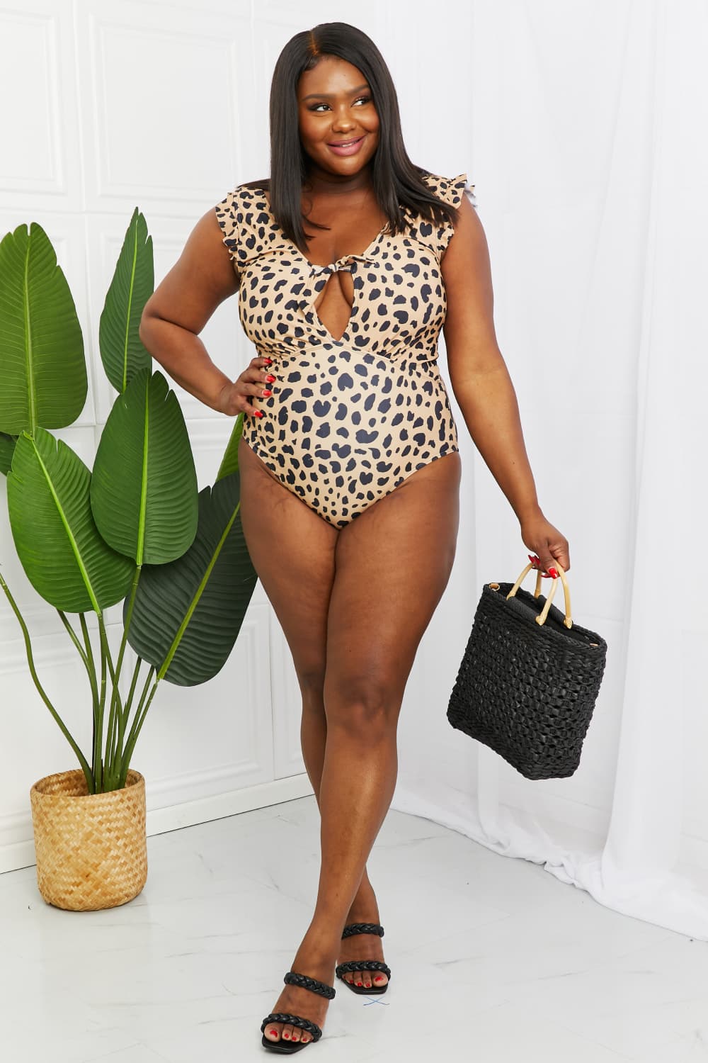 Women's Seashell Ruffle Sleeve One-Piece Swimsuit in Leopard | Swimsuit | Ro + Ivy