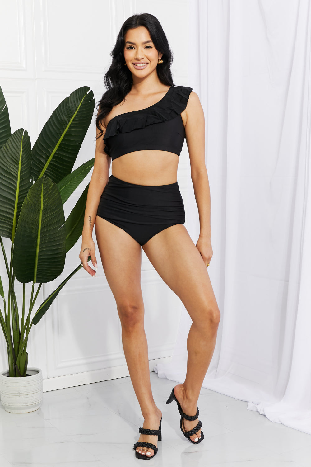 Women's Seaside Romance Ruffle One-Shoulder Bikini in Black | Bikini | Ro + Ivy
