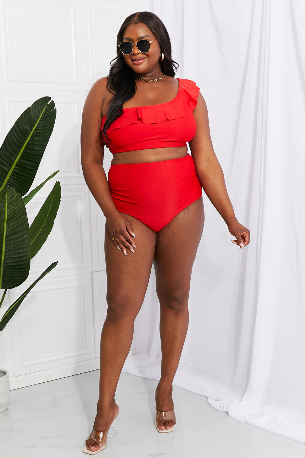 Women's Seaside Romance Ruffle One-Shoulder Bikini in Red | Bikini | Ro + Ivy