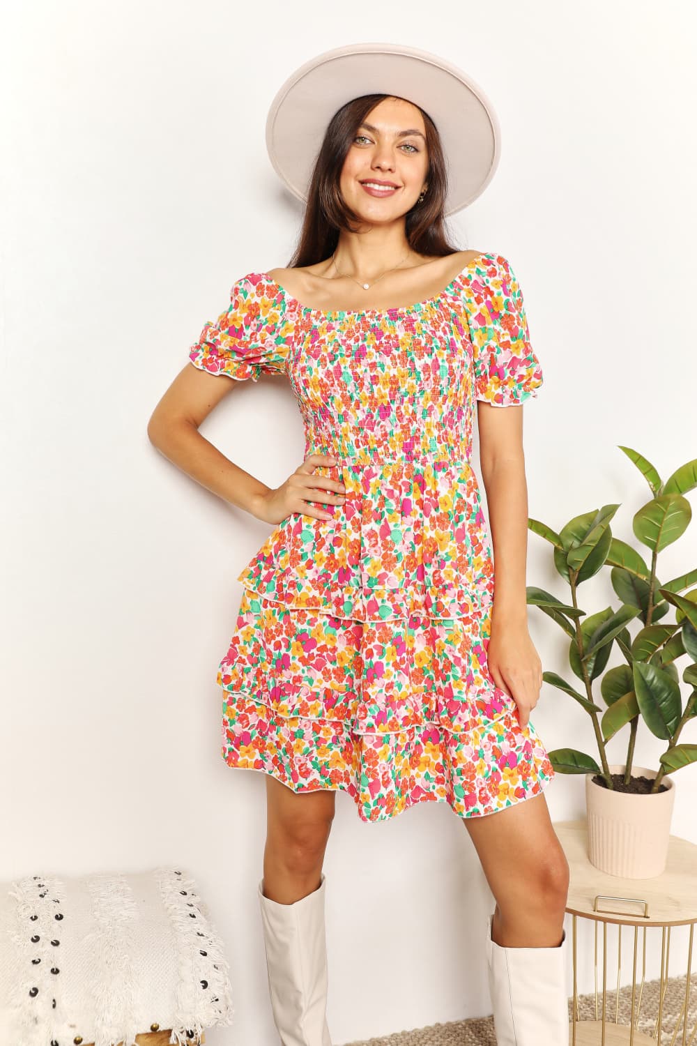 Women's Smocked Sweetheart Neck Flounce Sleeve Mini Dress | Mini Dresses | Ro + Ivy