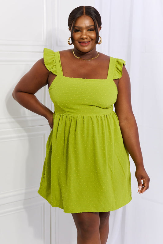 Women's Sunny Days Full Size Empire Line Ruffle Sleeve Short Dress in Lime | Midi Dresses | Ro + Ivy