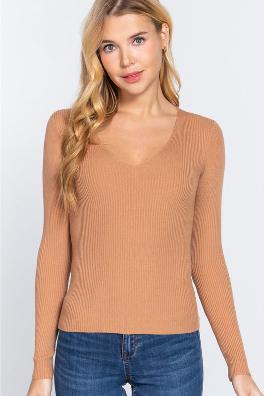 Women's V-Neck Fitted Viscose Rib Knit Top | Knit Tops | Ro + Ivy
